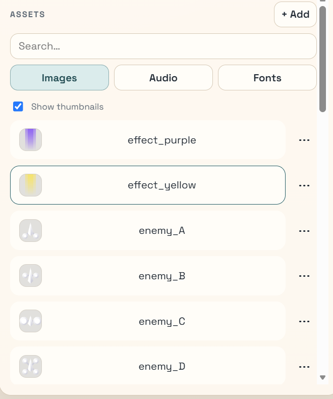 Assets dock with the demo pack image list loaded