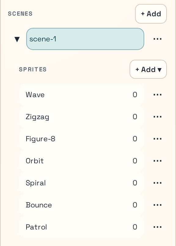Scene graph Sprites list with the seven renamed ships